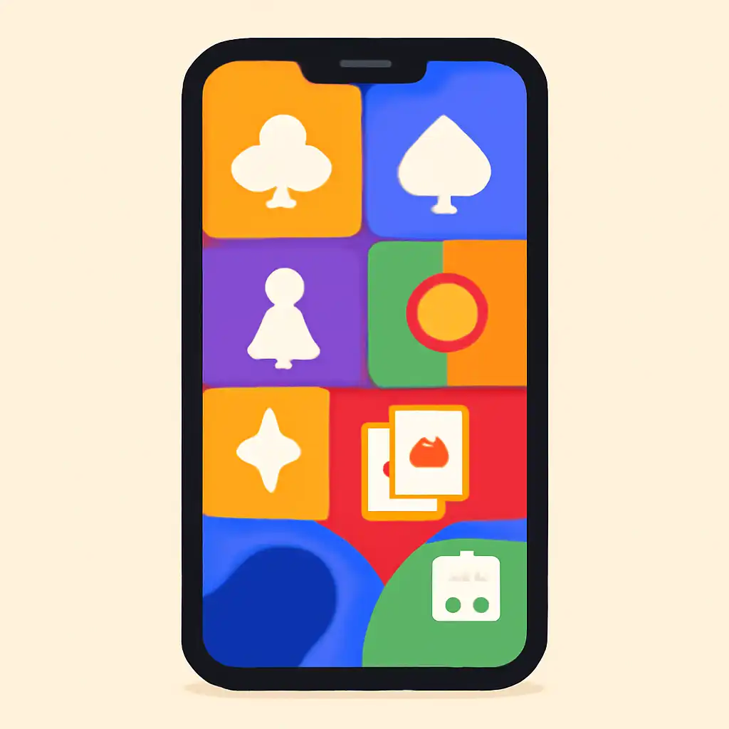 Smartphone shown from the front displaying a colourful flat layout of abstract game icons and rounded tiles (no text, no letters, no labels), Raja Luck