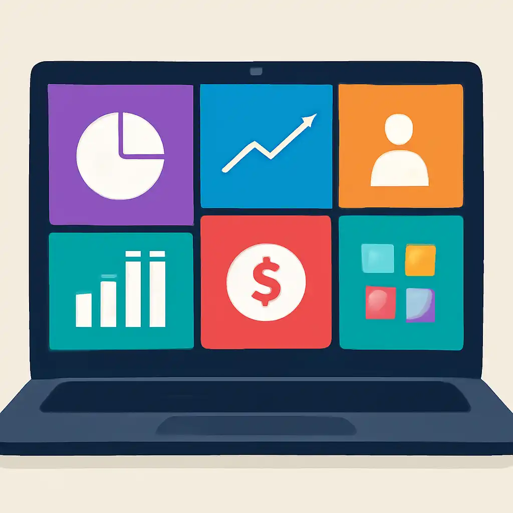 Laptop shown from the front displaying a colourful flat dashboard of abstract charts, bars and icon tiles (no text, no letters, no labels), Raja Luck