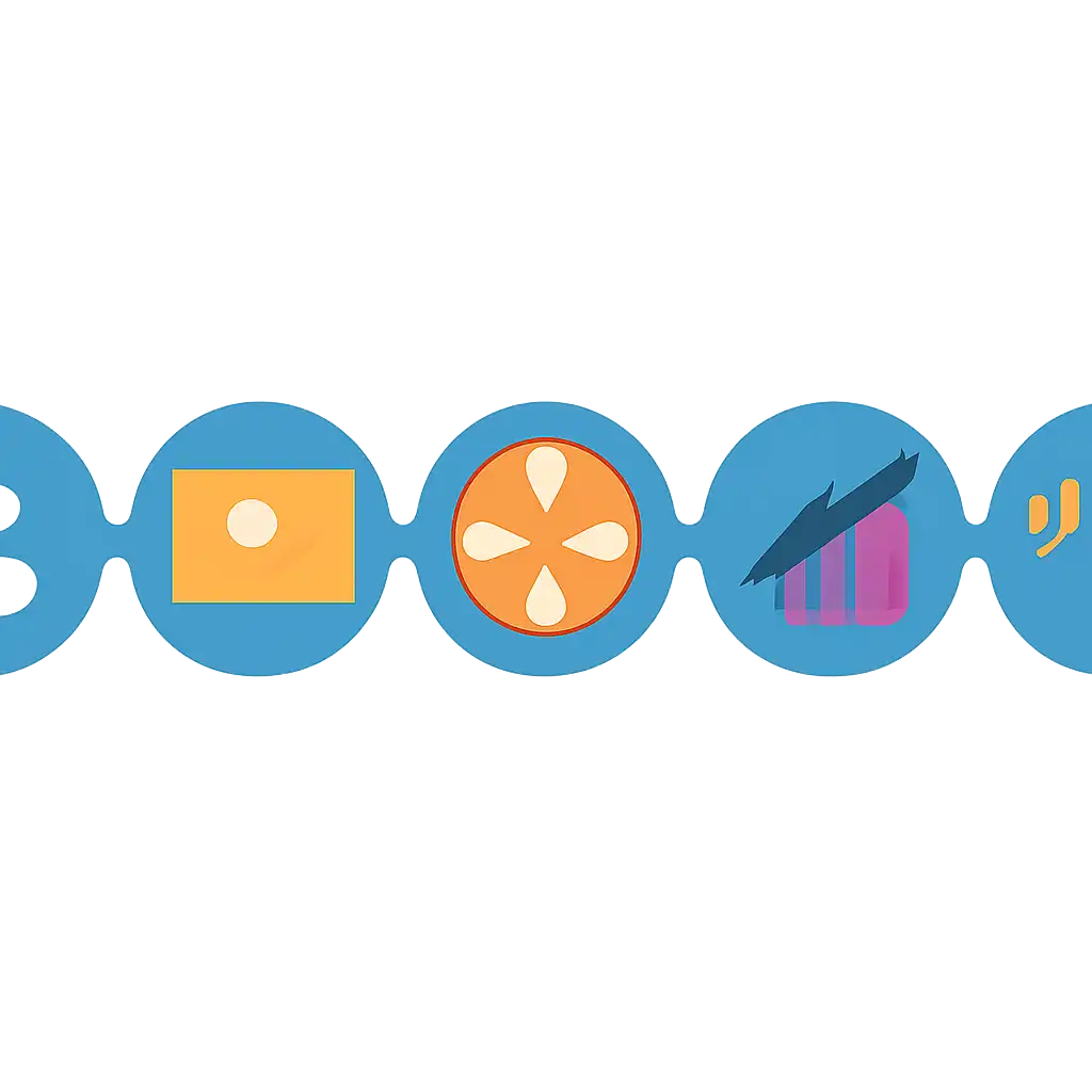 Five numbered circular icons connected by arrows in a horizontal flow, flat illustration, icons only, no words, Raja Luck steps