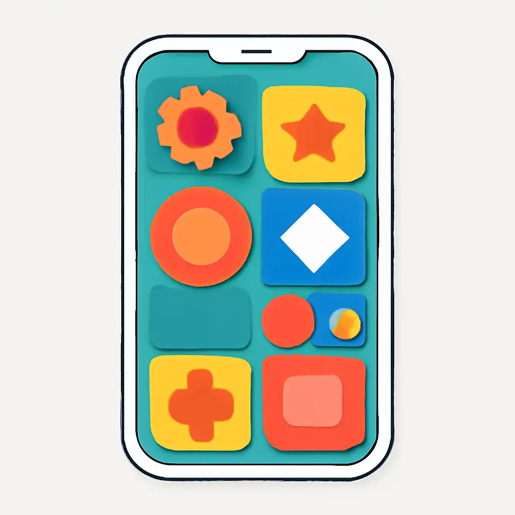 Smartphone shown from the front displaying a colourful flat layout of abstract game icons and rounded tiles (no text, no letters, no labels), Free