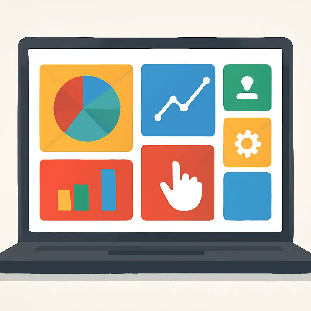 Laptop shown from the front displaying a colourful flat dashboard of abstract charts, bars and icon tiles (no text, no letters, no labels), Free