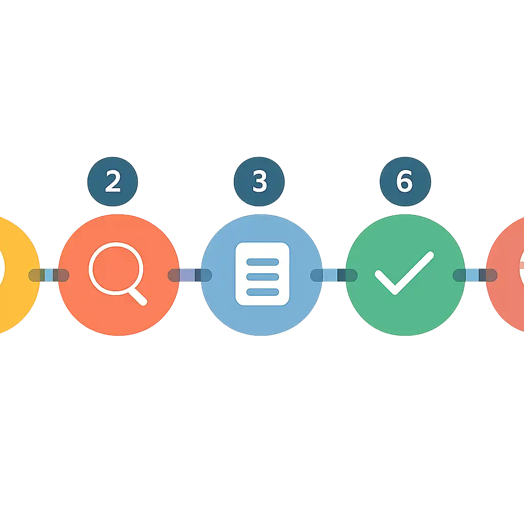 Five numbered circular icons connected by arrows in a horizontal flow, flat illustration, icons only, no words, Free steps