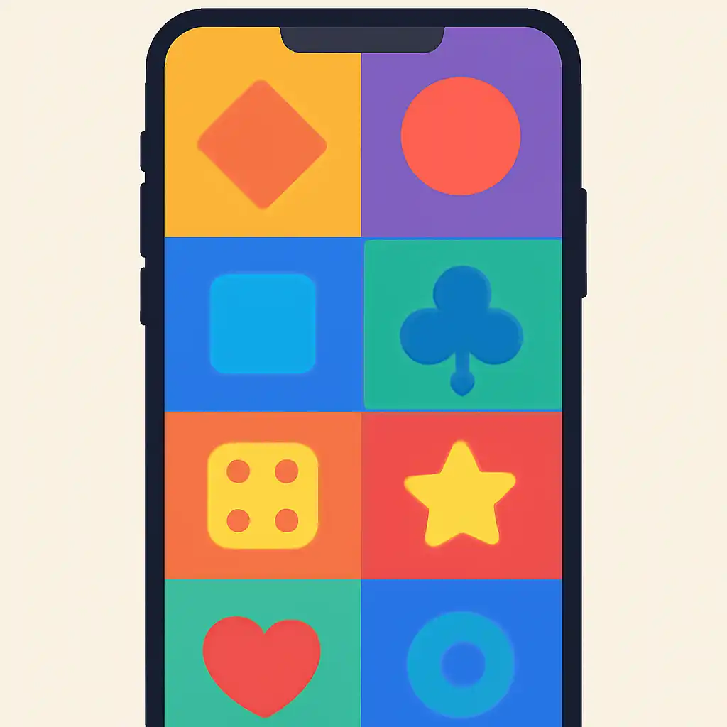 Smartphone shown from the front displaying a colourful flat layout of abstract game icons and rounded tiles (no text, no letters, no labels), Kaise