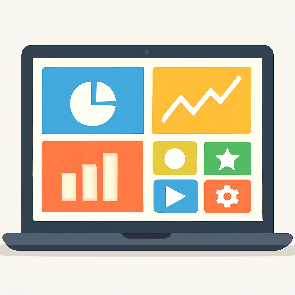 Laptop shown from the front displaying a colourful flat dashboard of abstract charts, bars and icon tiles (no text, no letters, no labels), Kaise