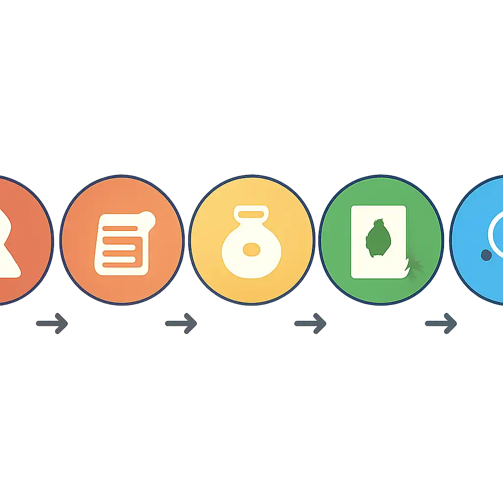 Five numbered circular icons connected by arrows in a horizontal flow, flat illustration, icons only, no words, Kaise steps