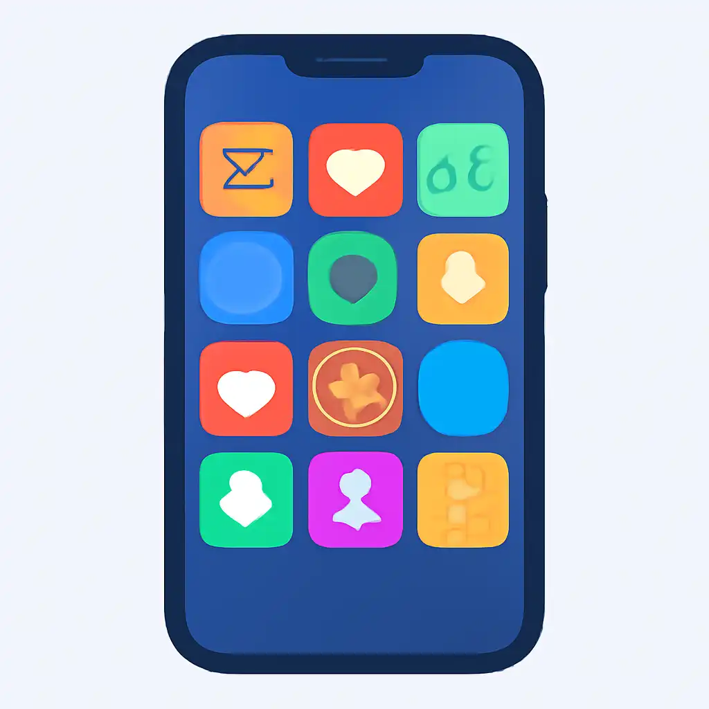 Smartphone shown from the front displaying a colourful flat layout of abstract game icons and rounded tiles (no text, no letters, no labels), The raja