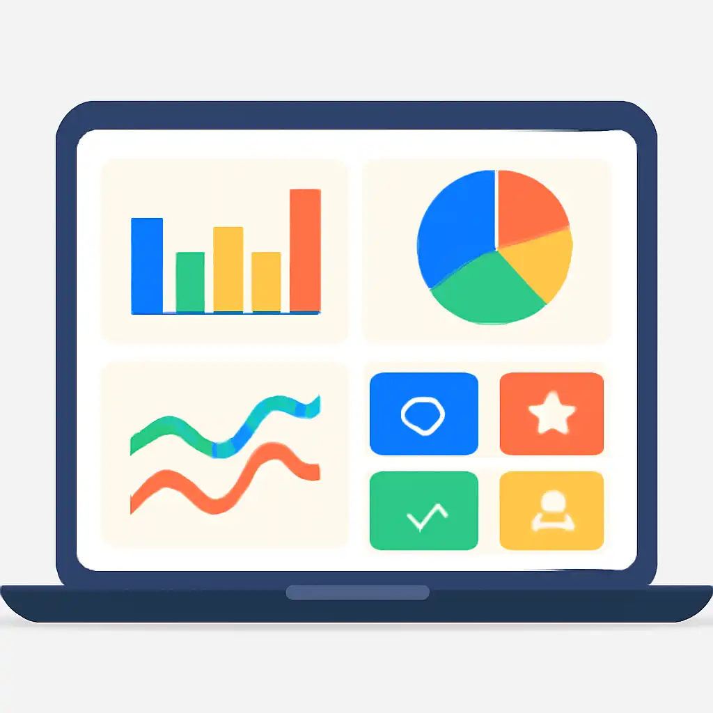 Laptop shown from the front displaying a colourful flat dashboard of abstract charts, bars and icon tiles (no text, no letters, no labels), The raja