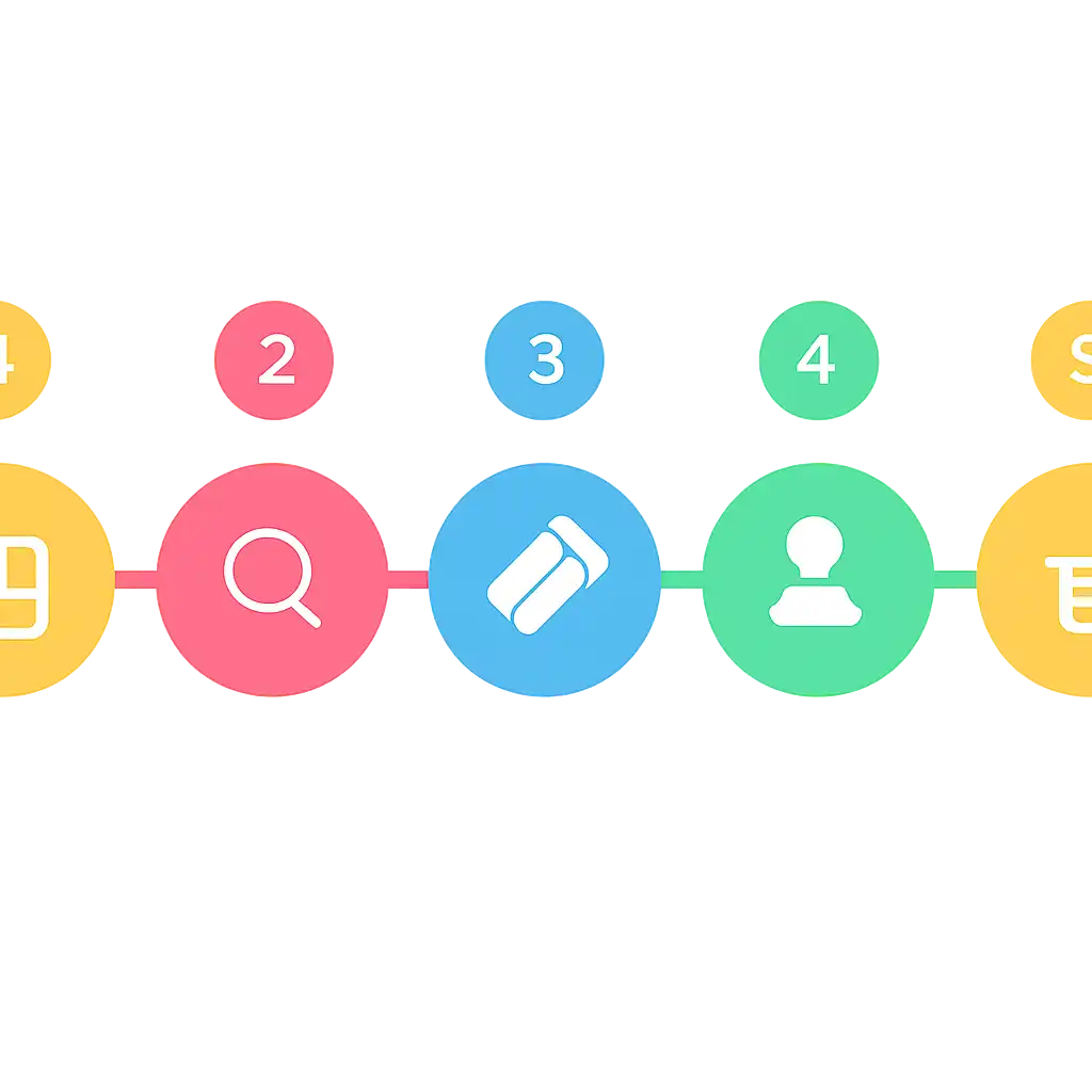 Five numbered circular icons connected by arrows in a horizontal flow, flat illustration, icons only, no words, The raja steps