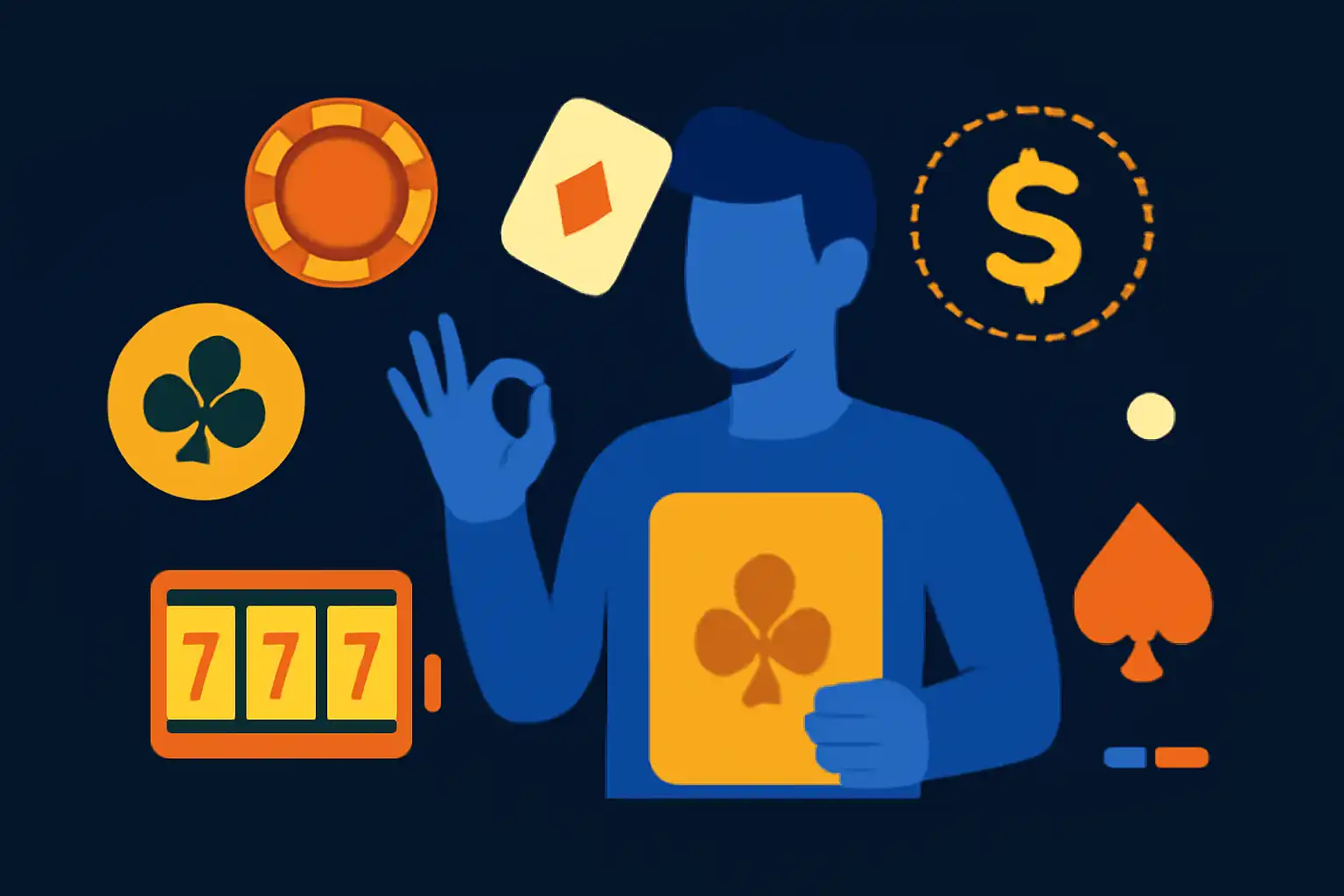 Hero illustration: Luck games manship, modern flat design, dark background, brand-neutral, icons and shapes only, no text