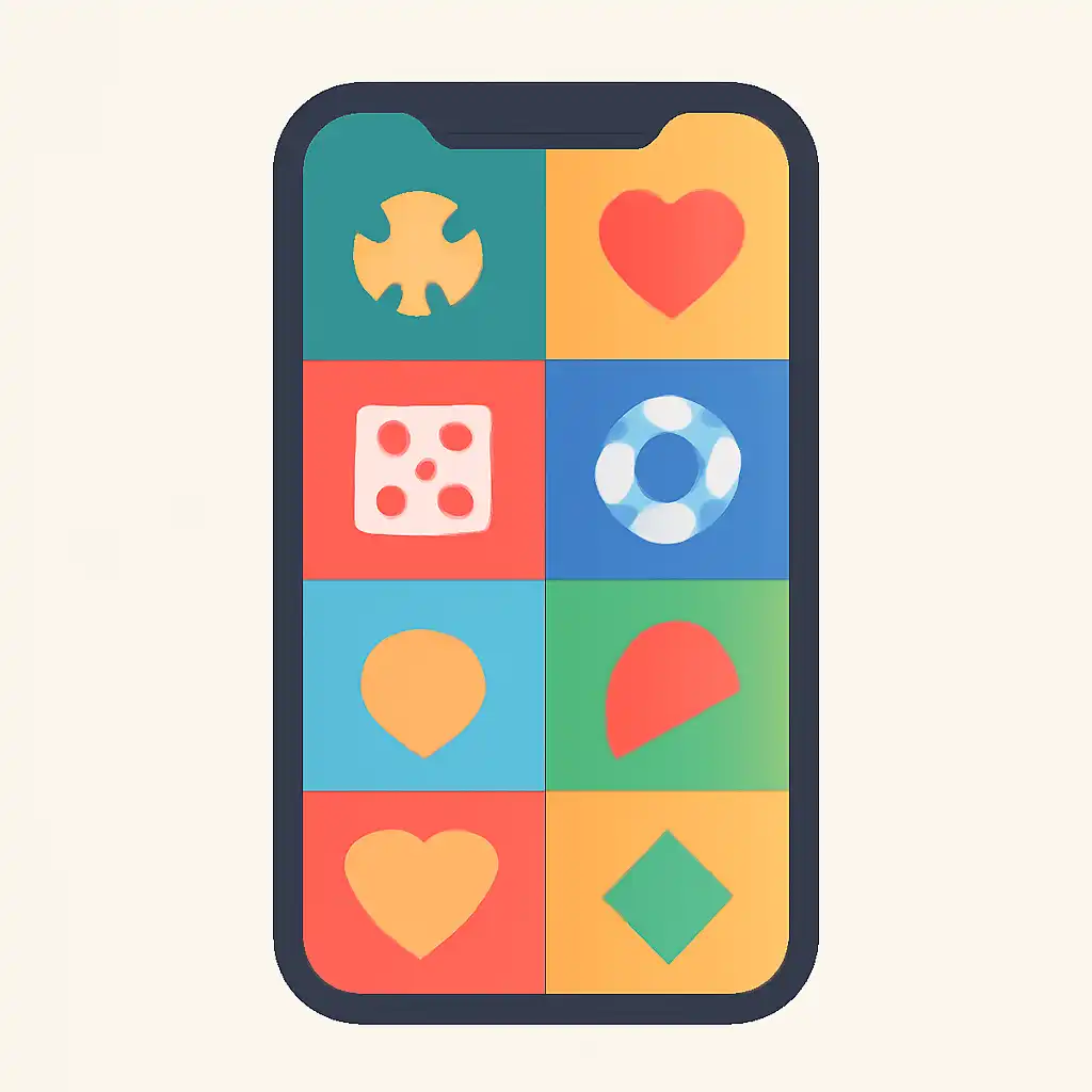 Smartphone shown from the front displaying a colourful flat layout of abstract game icons and rounded tiles (no text, no letters, no labels), Luck games manship