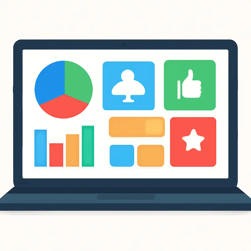 Laptop shown from the front displaying a colourful flat dashboard of abstract charts, bars and icon tiles (no text, no letters, no labels), Luck games manship