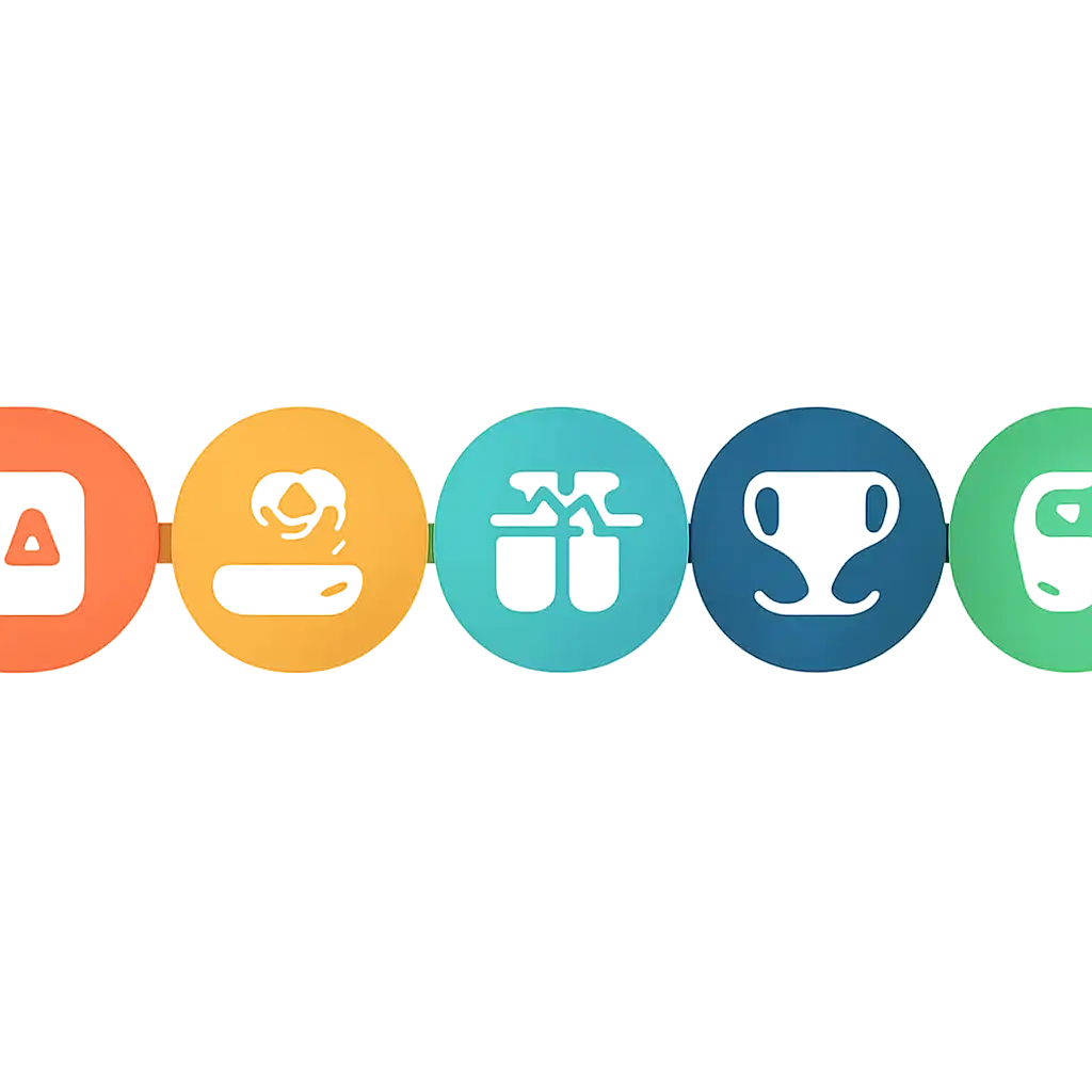 Five numbered circular icons connected by arrows in a horizontal flow, flat illustration, icons only, no words, Luck games manship steps