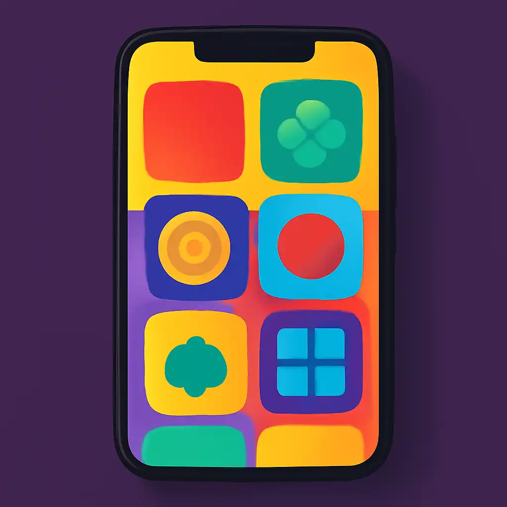 Smartphone shown from the front displaying a colourful flat layout of abstract game icons and rounded tiles (no text, no letters, no labels), Colour