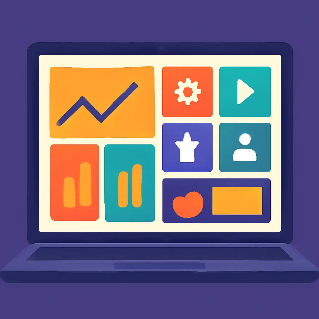 Laptop shown from the front displaying a colourful flat dashboard of abstract charts, bars and icon tiles (no text, no letters, no labels), Colour