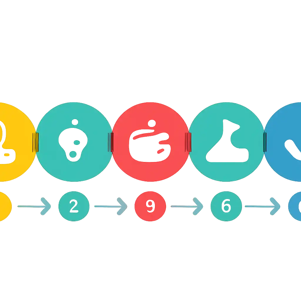 Five numbered circular icons connected by arrows in a horizontal flow, flat illustration, icons only, no words, Colour steps